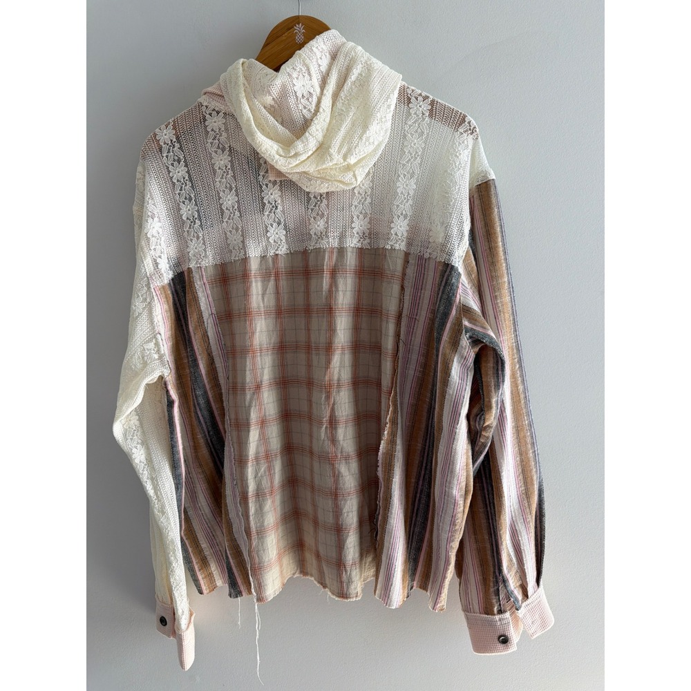 POL Mixed Media Hooded Top Women's Pink Lace Plaid Striped Boho Cottagecore L - Picture 2 of 13